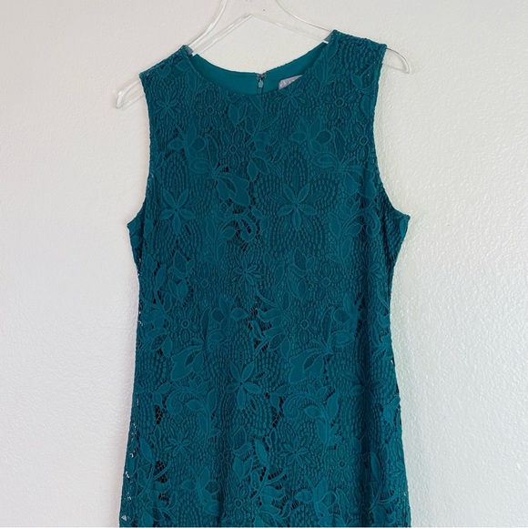 Sharagano Emerald Green Lace Overlay Sleeveless Midi Dress Size 12 - Picture 3 of 9